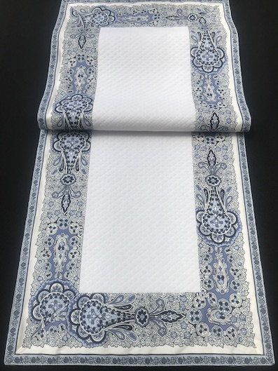 french table runner with blue and white border